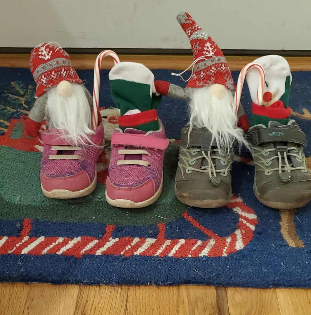 Idea for gifts in shoes on St. Nicholas Day- socks, candy canes, little gnomes, coins, sweets, and more!